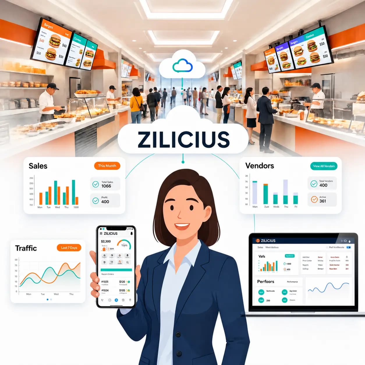 Zilicius food court mobile app management dashboard