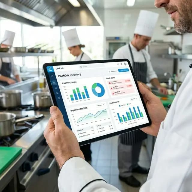 Restaurant inventory management software,dashboard showing stock monitoring, ingredient tracking,supplier management, purchase orders, and inventory reports for efficient restaurant operations.